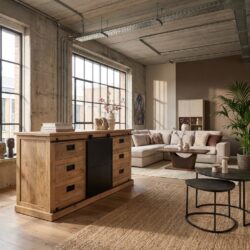 Dressoir Fresno, mangohout, lichte finish, zwart metaal, stijlvol modern interieur