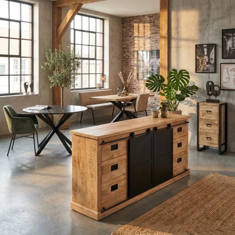 Dressoir Fresno, mangohout, lichte finish, zwart metaal, modern interieur