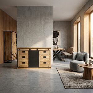 Elegant houten dressoir Fresno van 160 cm breed, perfect voor moderne interieurs, met praktische opbergruimte en strak design.