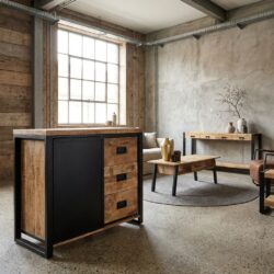 Stijlvol dressoir Novelle 100 in zwart met mangohout en stalen schuifdeur