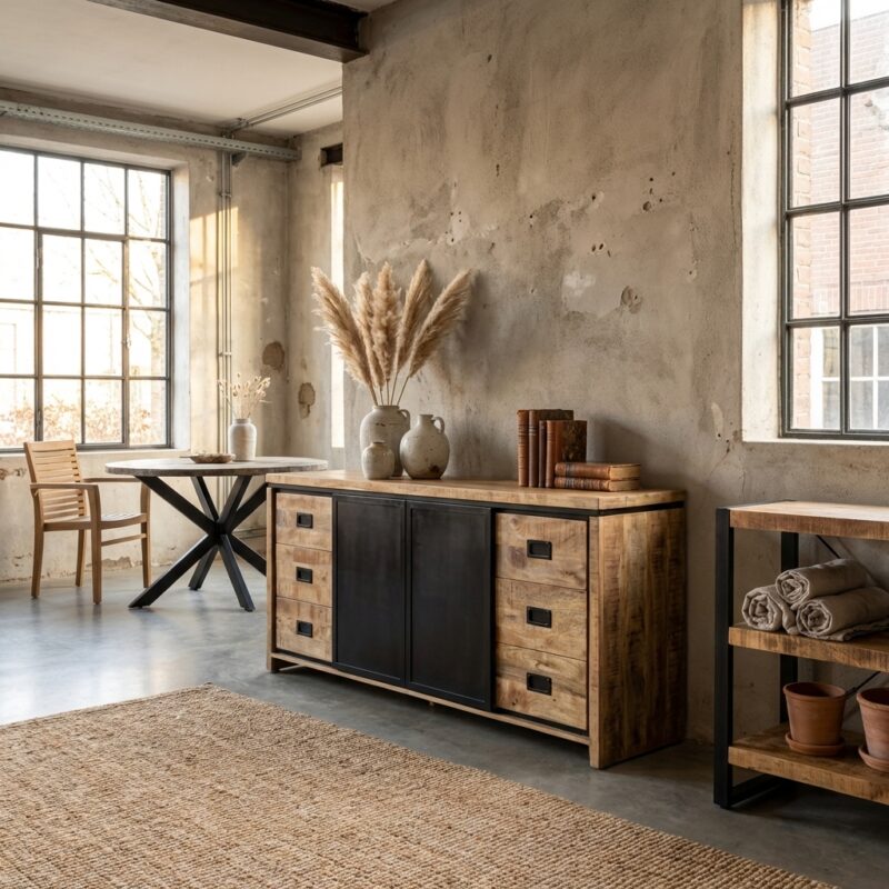 Breed dressoir Novelle 200 in zwart metaal en mango hout met praktische indeling