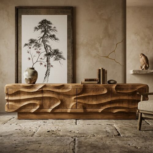 Uniek TV Dressoir Nyawa van massief teakhout met uniek handsnijwerk.