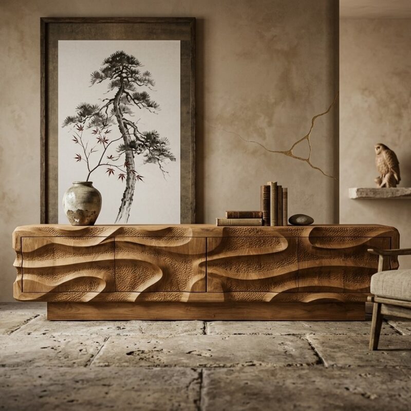 Uniek TV Dressoir Nyawa van massief teakhout met uniek handsnijwerk.