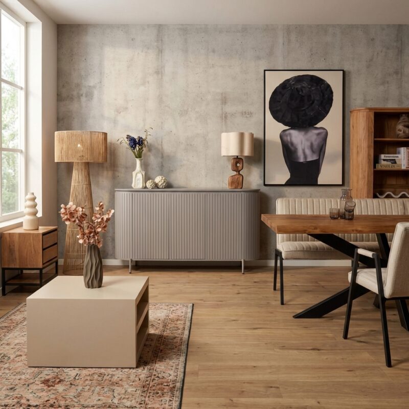 Dressoir Solana taupe, mangohout, moderne stijl