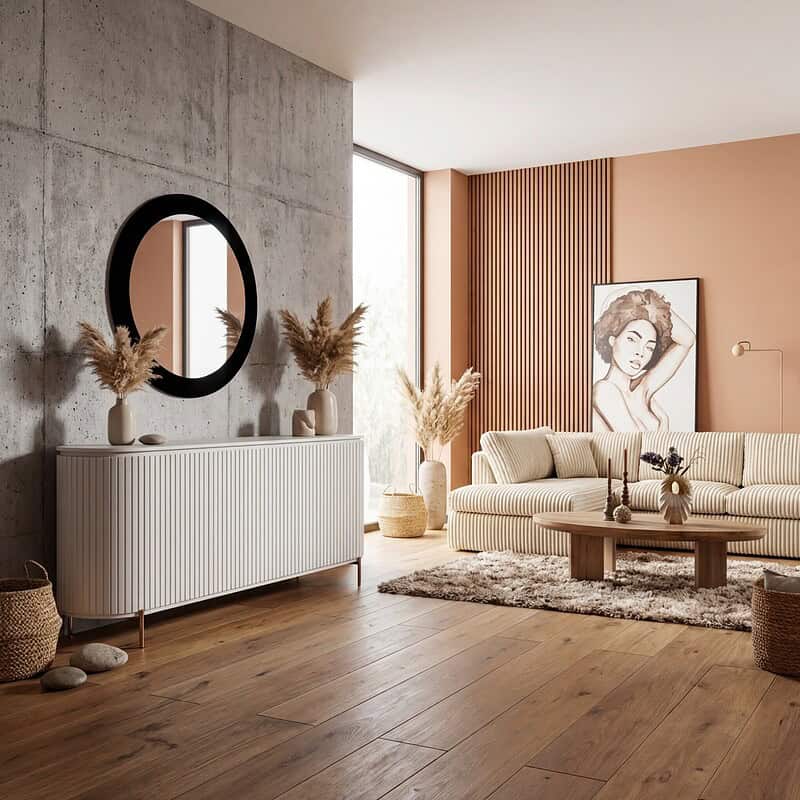 Moderne woonkamer met Mokana meubelen, beige bank, houten tafel en decoratieve elementen, grote ramen en artistiek wanddecor voor een stijlvolle en gezellige sfeer.