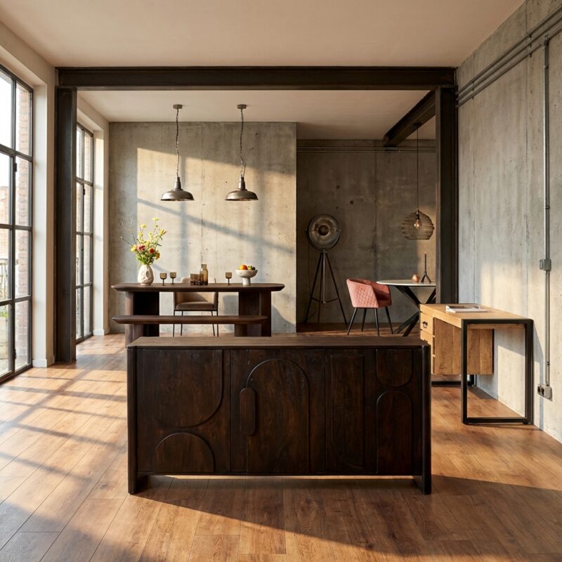 Dressoir Zana bruin, moderne mangohouten kast met organische vormen