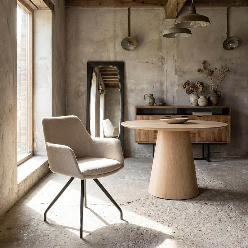 Duke eetkamerstoel beige, stof en gecoat staal, unieke textuur