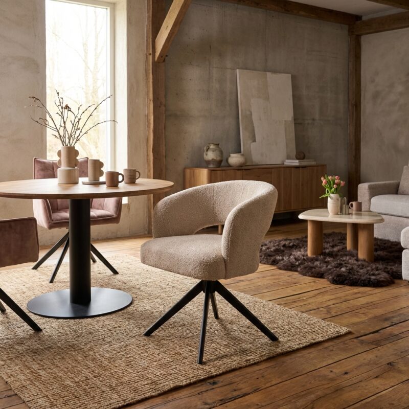 Eetkamerstoel Demi in beige met armleuning en metalen poot in black