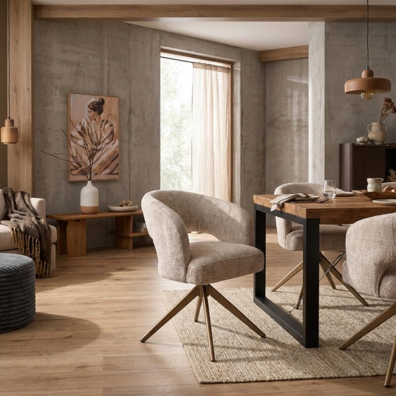 Eetkamerstoel Demi in beige met bronzen poot en comfortabele armleuningen