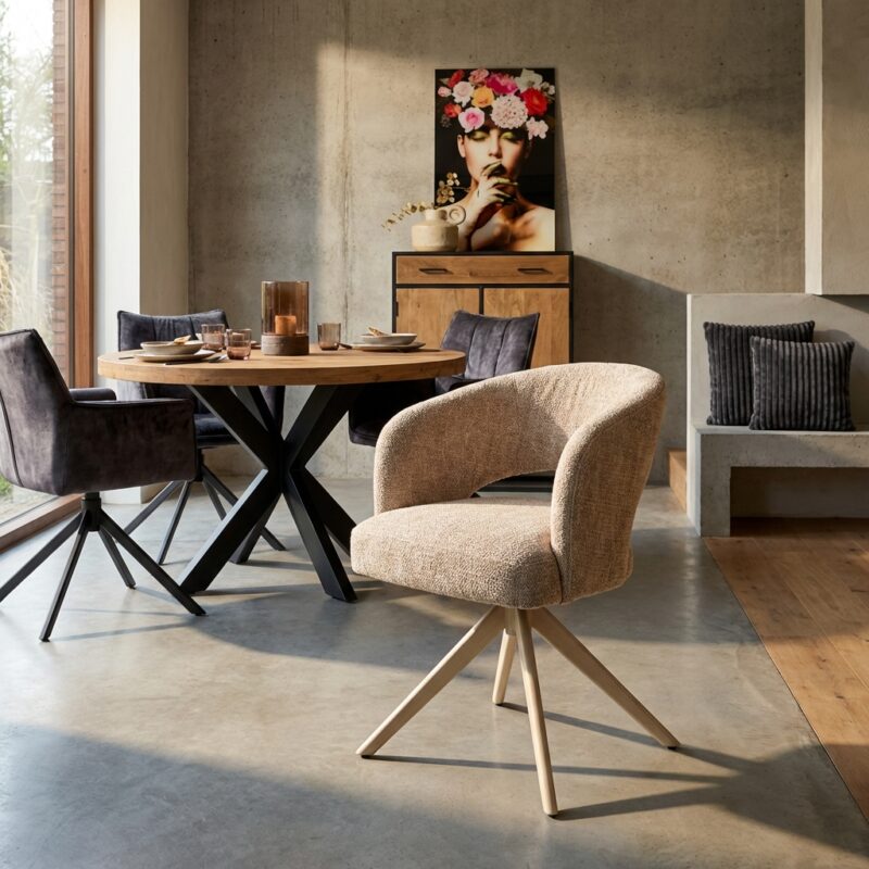 Eetkamerstoel Demi in cinnamon met armleuning en metalen onderstel in sand