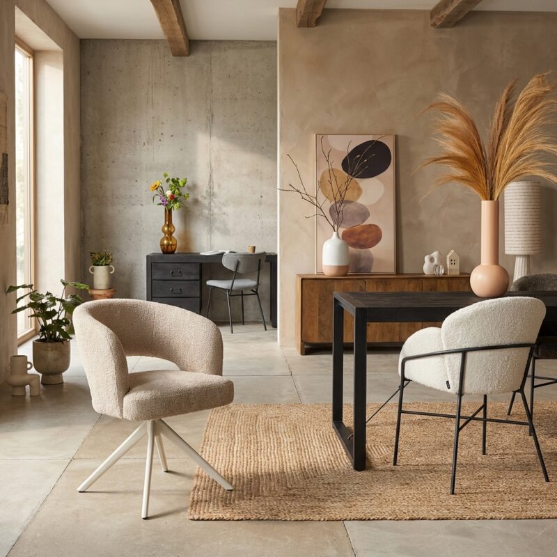 Eetkamerstoel Demi in clay met armleuning en metalen onderstel in sandkleur