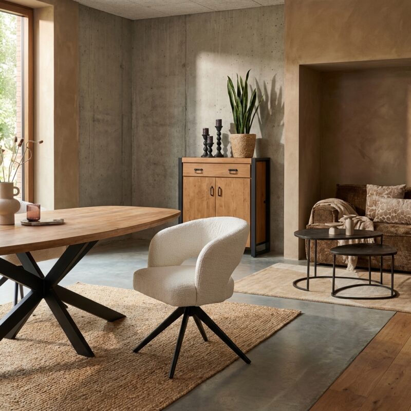 Eetkamerstoel Demi in off white met armleuning en zwarte poot