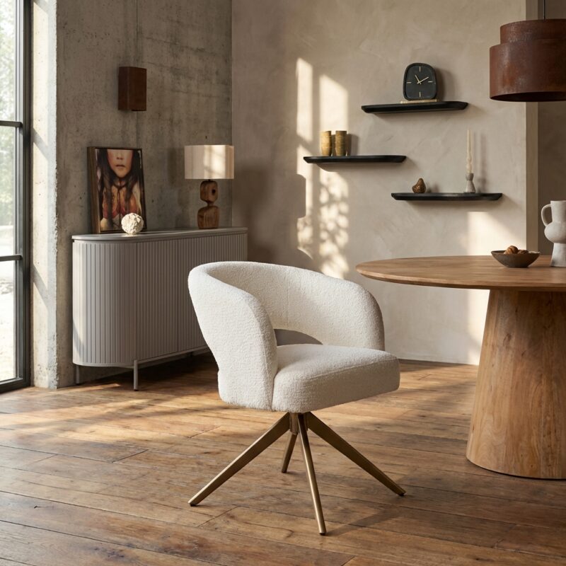 Eetkamerstoel Demi in off white met armleuning en bronzen poot