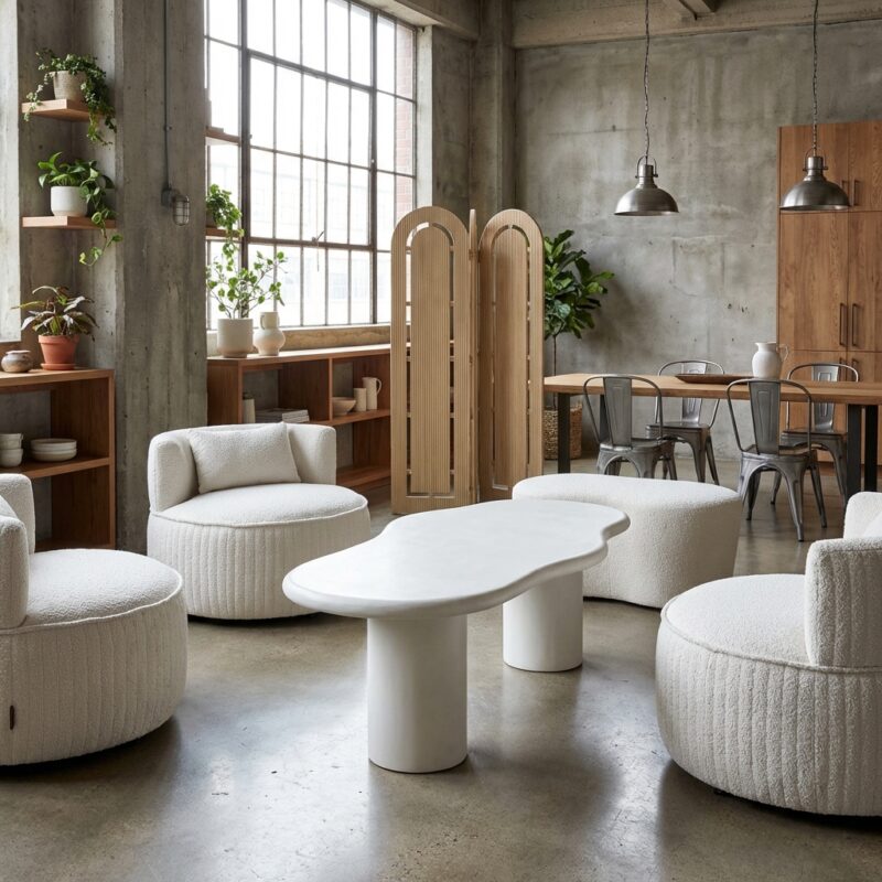 Eettafel Bloomstone wit, handgemaakt, eco plaster, sculpturale basis