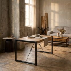 Eettafel Britt, rechthoekig, mangohout en metaal, lichte finish