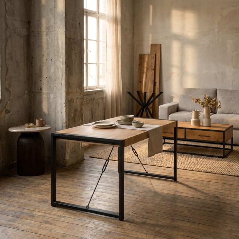 Eettafel Britt, rechthoekig, mangohout en metaal, lichte finish