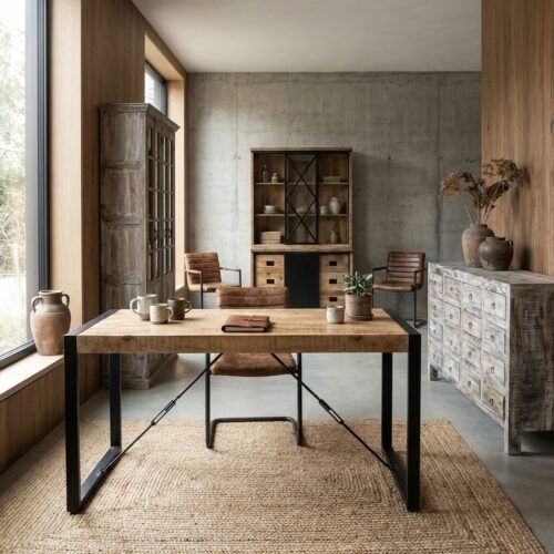 eettafel-britt-140-hout-zwart-metal Eettafel Britt 140, houten tafel met zwarte metalen poten en mangohouten tafelblad