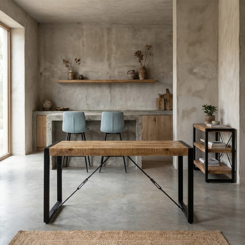 Britt eettafel, houten tafel met zwarte metalen poten, industrieel design