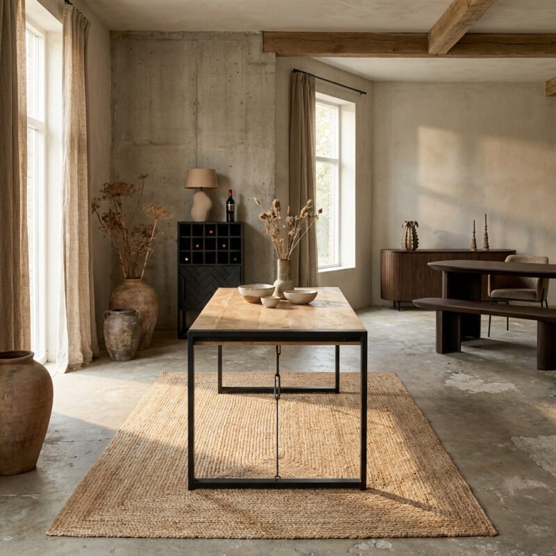 Eettafel Britt, rechthoekig, mangohout, metaal, lichte finish, woonserie