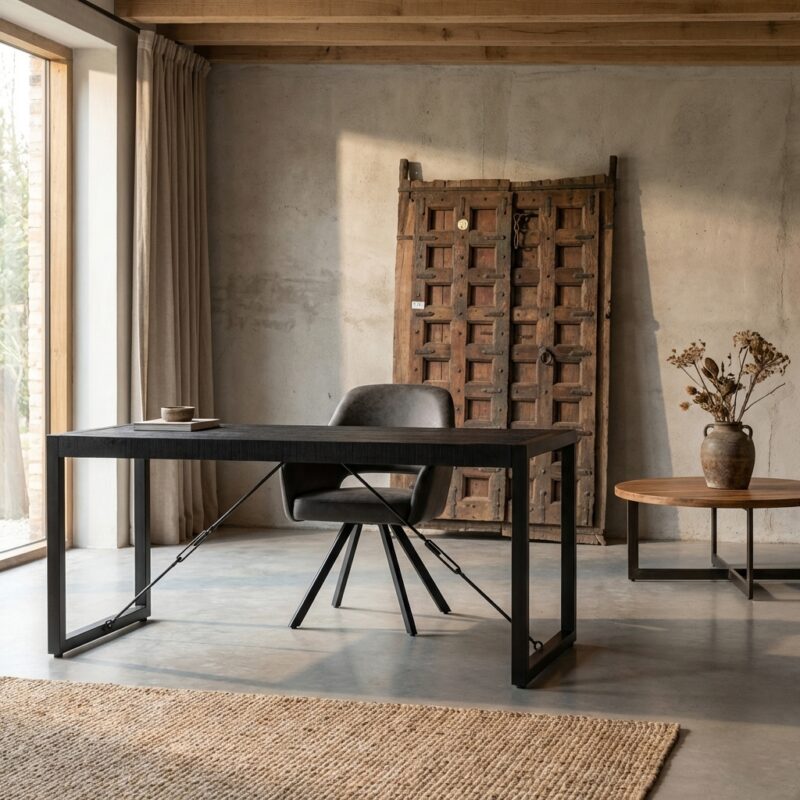 Eettafel Britt Zwart 200, industrieel design, mangohout, zwarte kleur