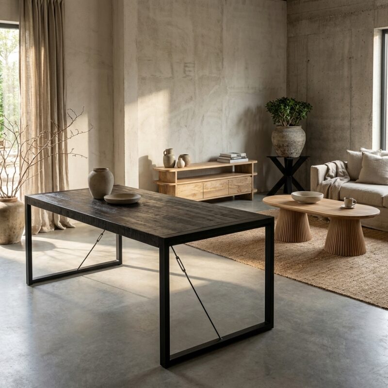 Eettafel Britt Zwart 220, industrieel design, mangohout, zwarte kleur