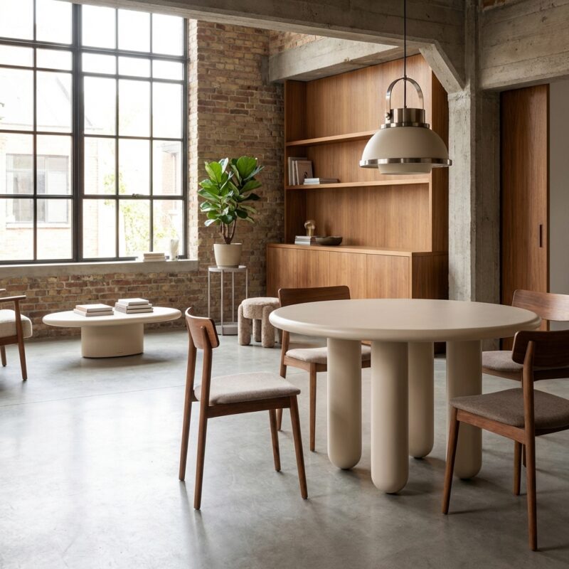 Ronde eettafel Calma beige, handgemaakt en zelf te monteren, stijlvol en elegant