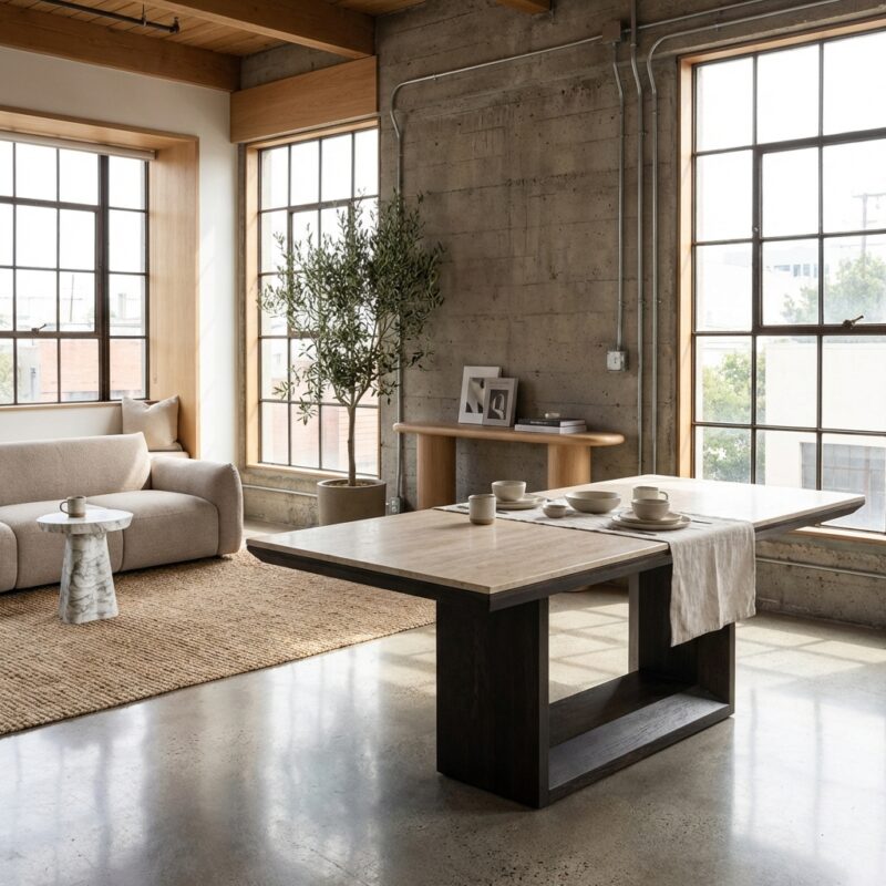 Eettafel Claremont brown 230, handgemaakt, travertin blad, donkere basis