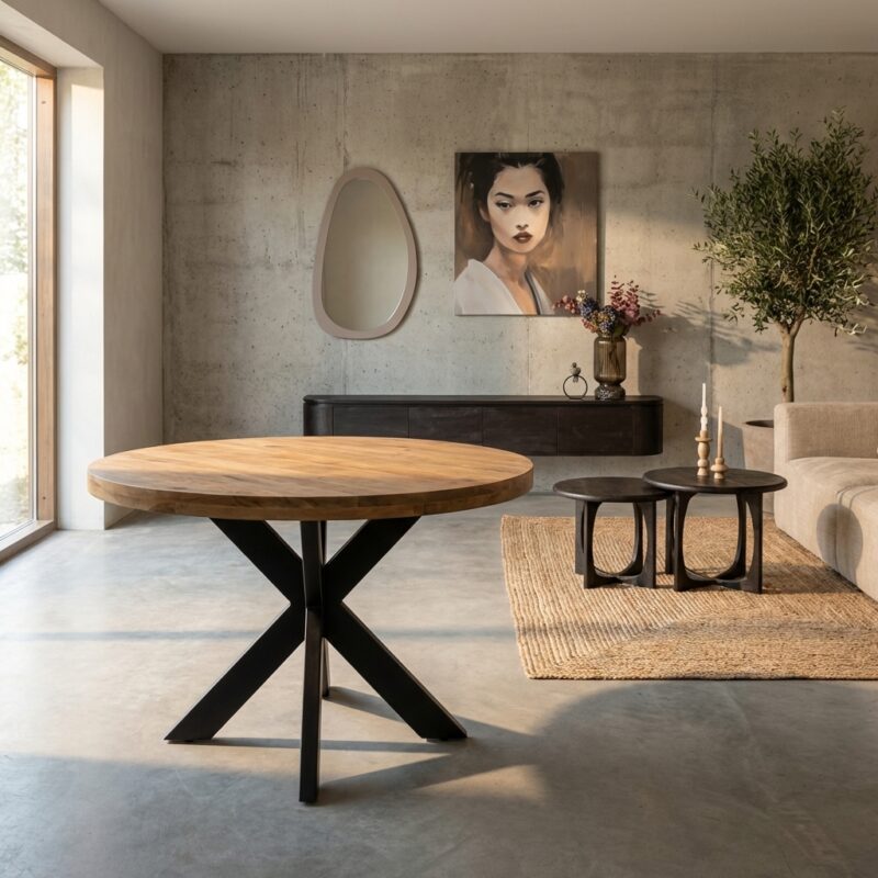 Ronde eetkamertafel Dakota met massief mango houten tafelblad en zwarte metalen poot