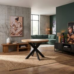 Ronde eetkamertafel Dakota met massief mango hout en zwarte matrixpoot