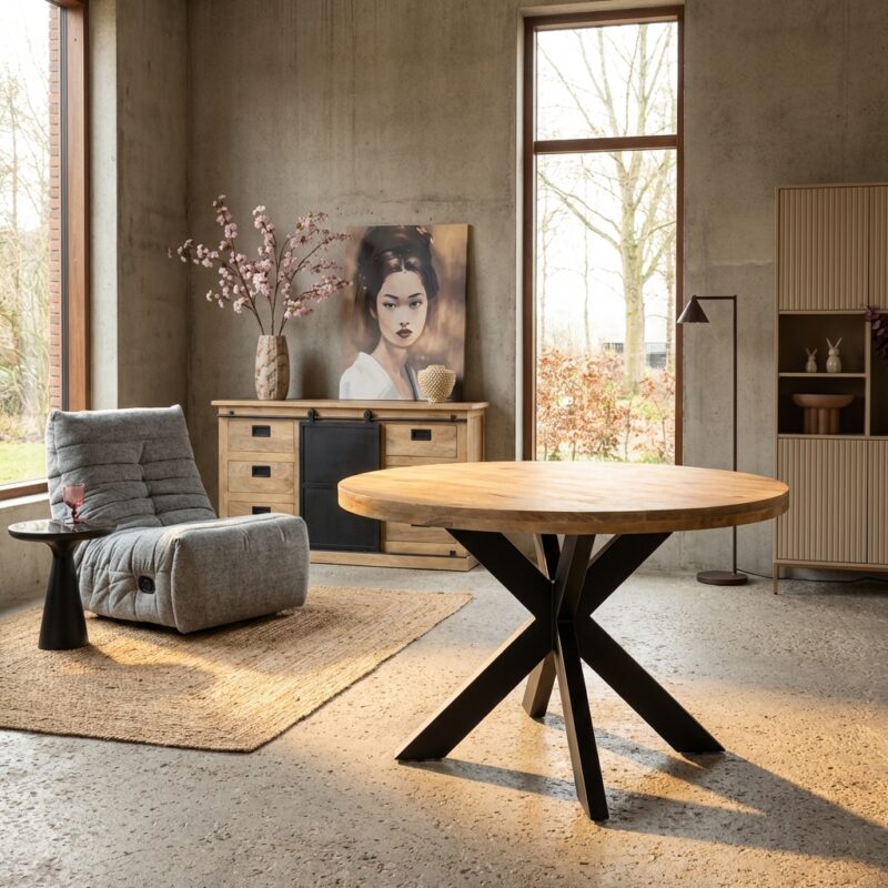 Ronde eetkamertafel Dakota met massief mango houten tafelblad en zwarte metalen poot