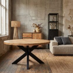 Ronde eettafel Dakota van massief mango hout met zwarte metalen poot