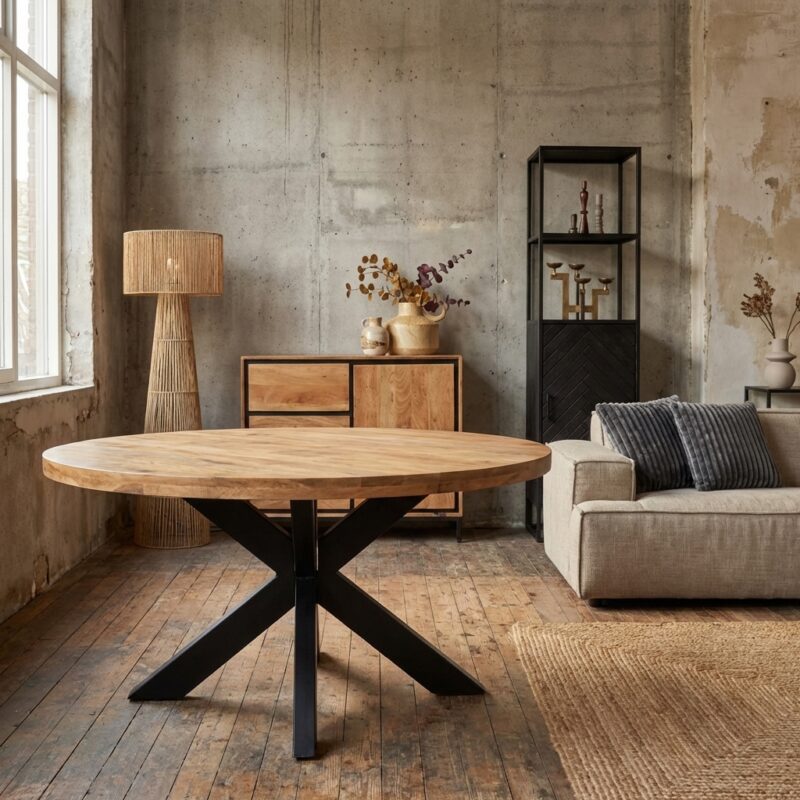 Ronde eettafel Dakota van massief mango hout met zwarte metalen poot