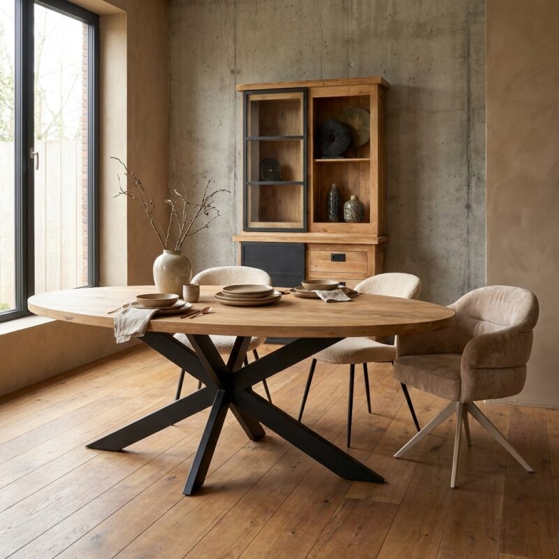 Ovale eetkamertafel Dakota met massief mango hout en zwarte matrixpoot