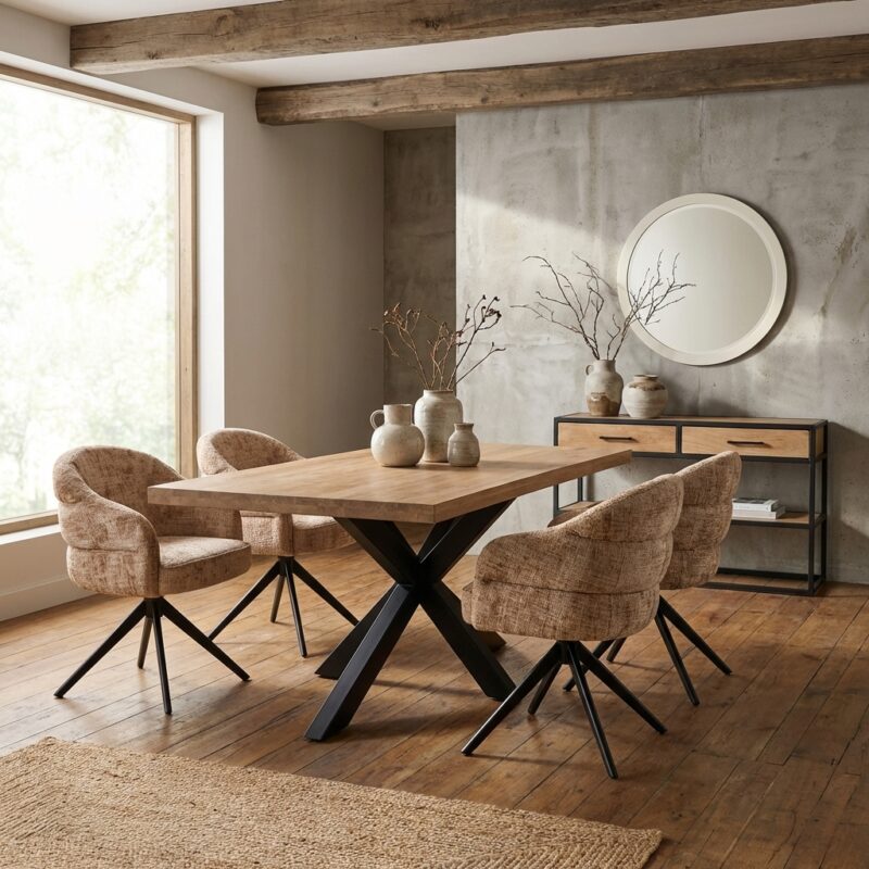 Rechthoekige eettafel Dakota van massief mango hout met zwarte metalen matrixpoot
