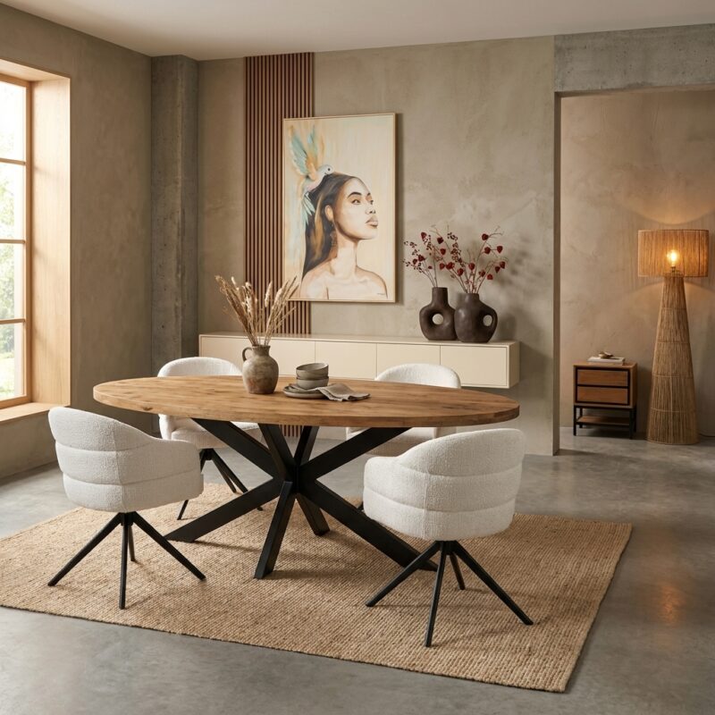 Ovale eettafel Dakota van massief mango hout met zwarte metalen matrixpoot