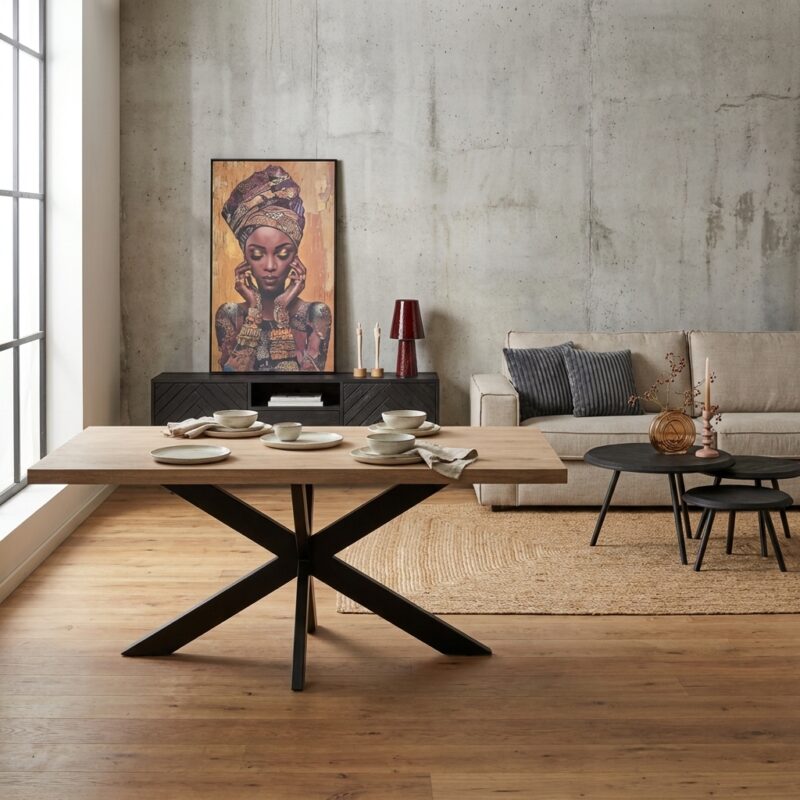 Rechthoekige eetkamertafel Dakota van massief mango hout met zwarte matrixpoot