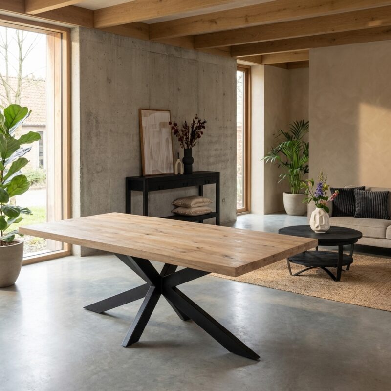 Rechthoekige eettafel Dakota met massief mango hout en zwarte metalen poot