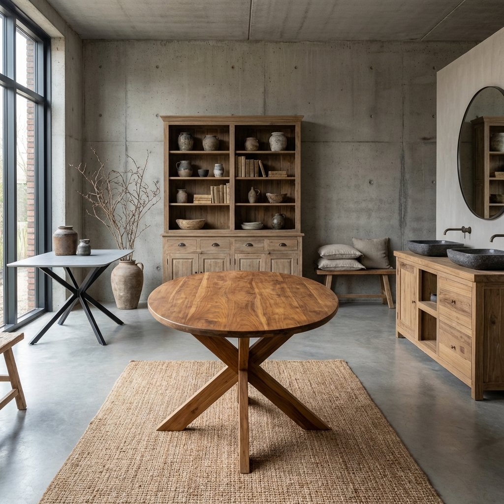 Deens ovaal eettafel Runa met houten onderstel in zwart, gemaakt van mangohout en staal