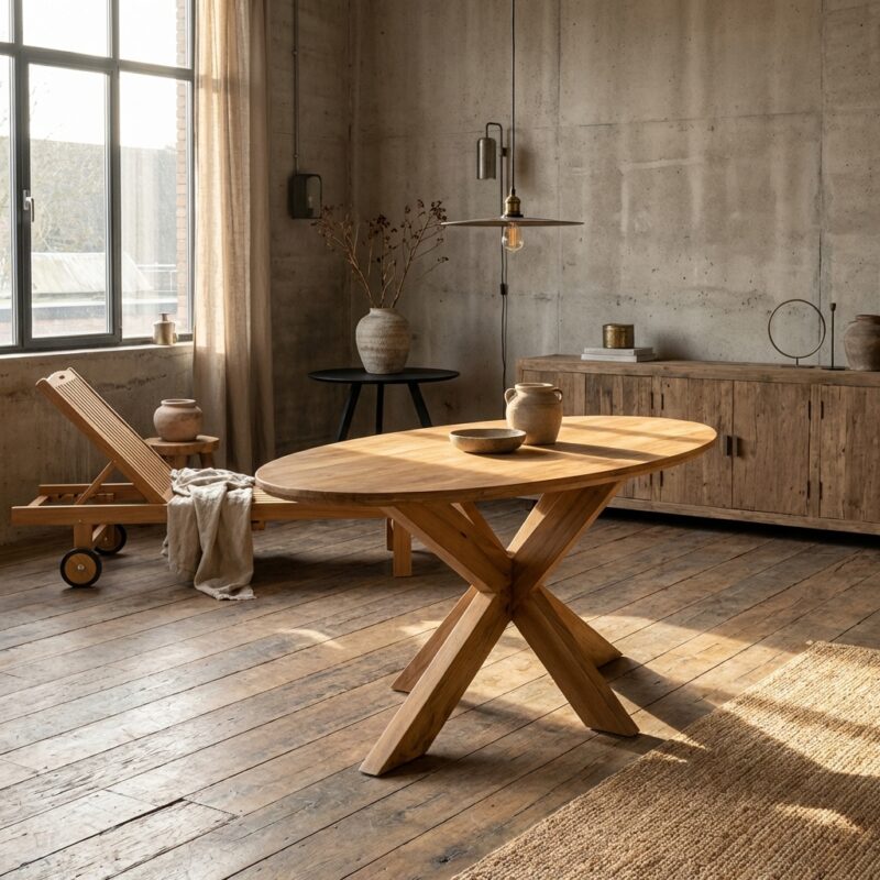 Deens ovaal eettafel Runa met houten onderstel in zwart, gemaakt van mangohout en staal