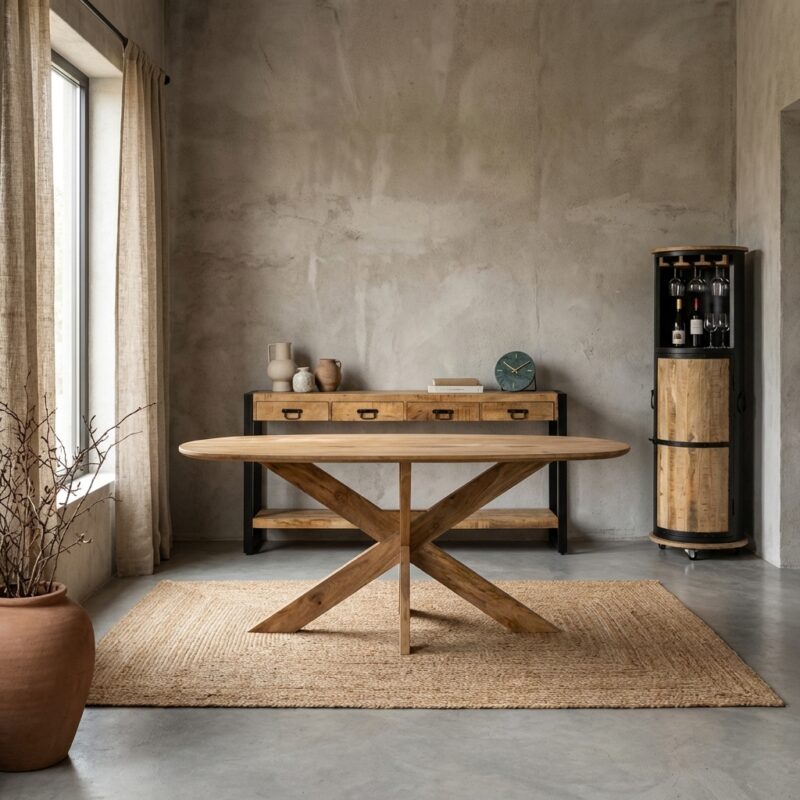 Eettafel Deens Ovaal Runa met Houten Onderstel in zwart en bruin mangohout