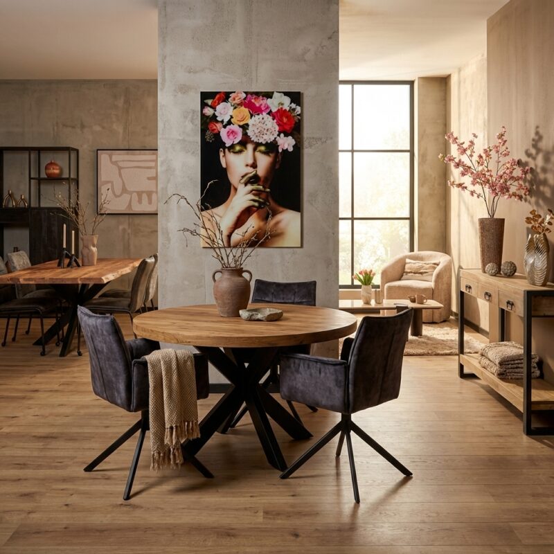 Eettafel Denver, rond, mangohout, woonserie, tafelblad