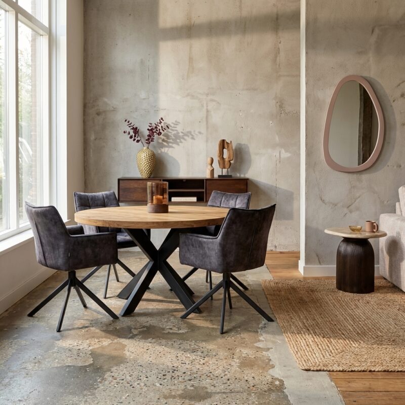 Eettafel Denver, rond, mangohout, transparante lak, woonserie