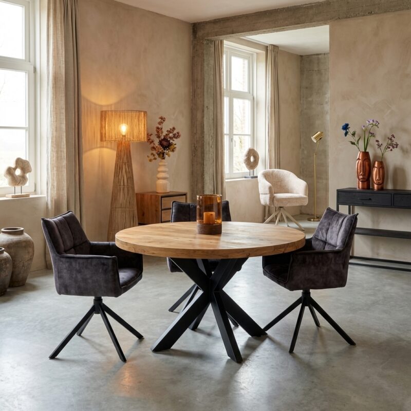 Ronde eettafel Denver met massief mangohouten tafelblad en zwarte matrixpoot