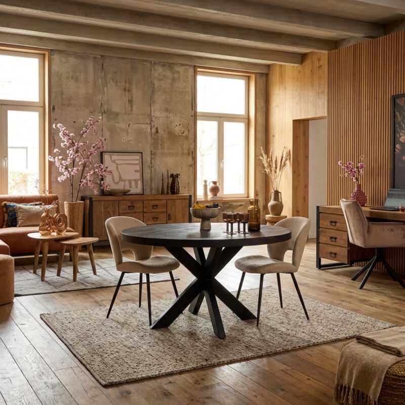 Ronde eetkamertafel Denver Black met massief mango hout en zwarte lak