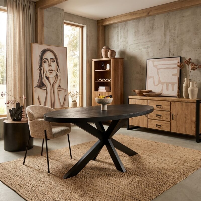 Ovale eettafel Denver Black met massief mango hout en zwarte lak