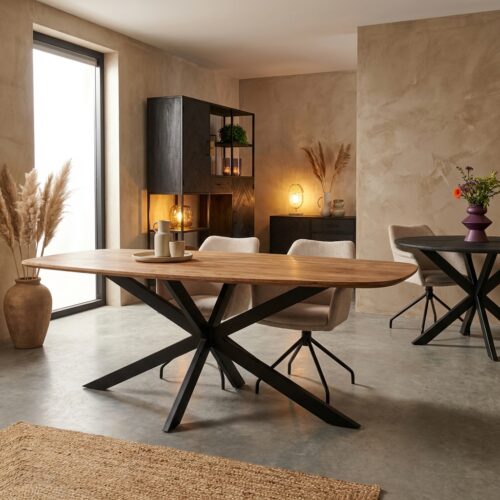 Eettafel Elegance 200 cm, deens ovaal, mangohout en metaal, elegante stijl