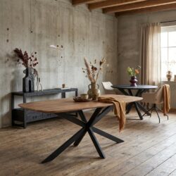 Eettafel Elegance 240 cm, ovale eetkamertafel van mangohout en metaal, blanke lak en zwarte lak