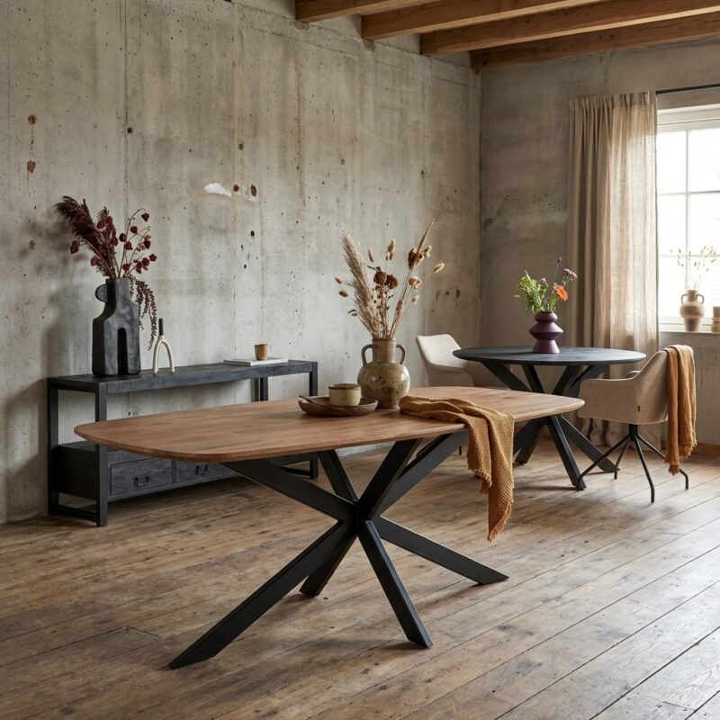 Eettafel Elegance 240 cm, ovale eetkamertafel van mangohout en metaal, blanke lak en zwarte lak