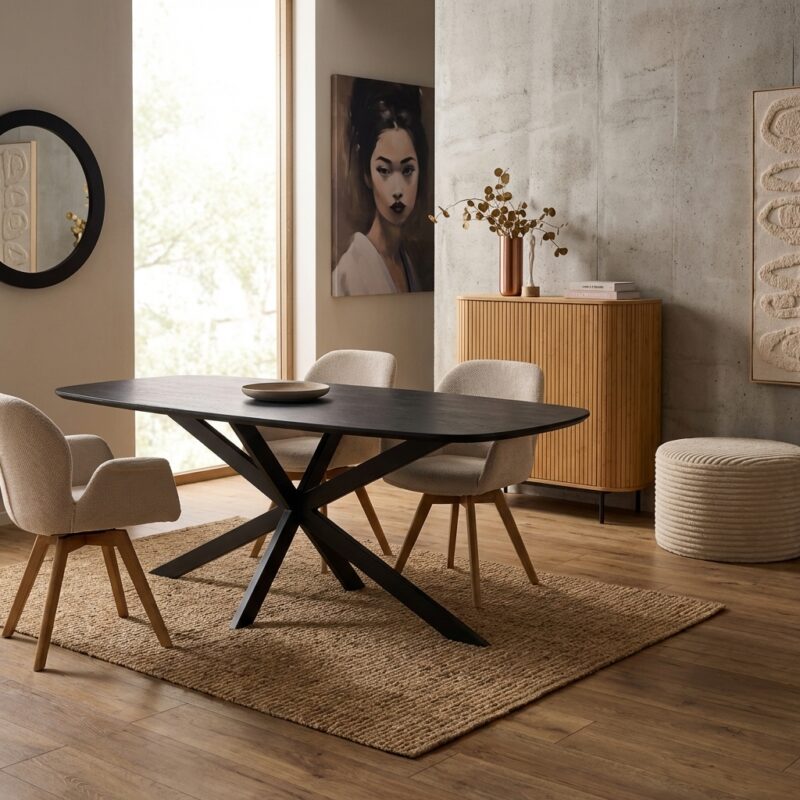 Eettafel Elegance Black, ovale eetkamertafel van mangohout en metaal in zwart