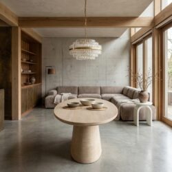 Eettafel Fictus beige, handgemaakt, faux travertin, elegante tafel